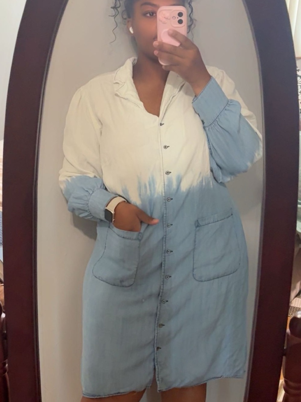 Light Blue and White Dip-Dye Button-Front Midi Shirt Dress